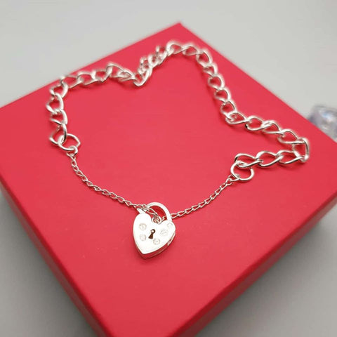 925 Sterling Silver Open Curb & Padlock Charm Bracelet