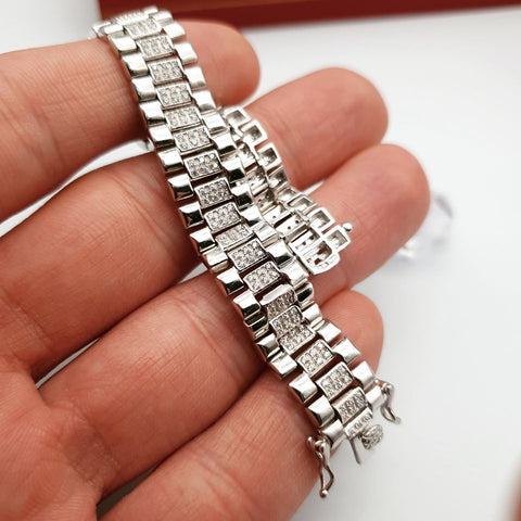 925 Sterling Silver Fancy Cz Link Bracelet