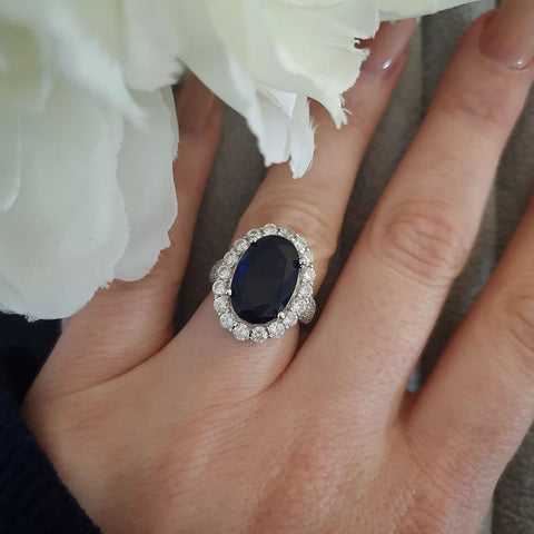 925 Sterling Silver Oval Blue Sapphire Cz Cocktail Ring