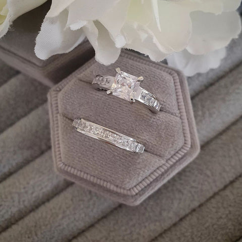 925 Sterling Silver Bridal Set Cz Princess Cut Rings