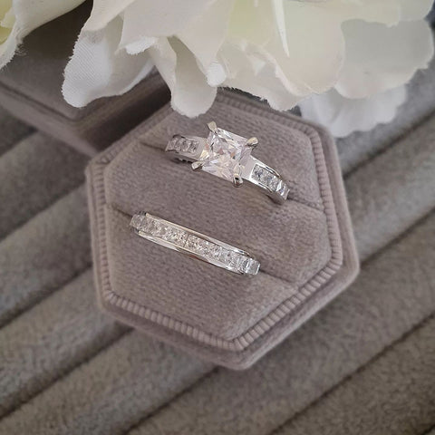 925 Sterling Silver Bridal Set Cz Princess Cut Rings 