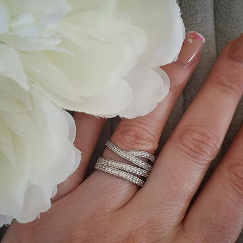 925 Sterling Silver Micro-Pave Multi Band Cz Crossover Ring