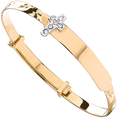 9ct Yellow Gold Diamond Cut Expandable Childs Bangle With Cubic Zirconia Cross