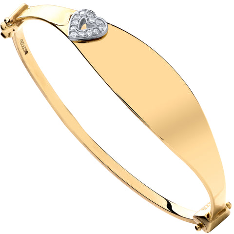 9ct Yellow Gold Oval ID with Cubic Zirconia Heart Childs Bangle