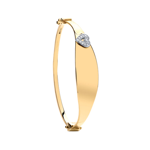 9ct Yellow Gold Oval ID with Cubic Zirconia Heart Childs Bangle