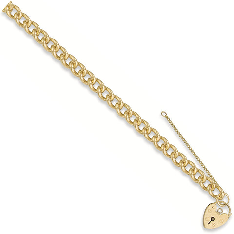 9ct Yellow Gold 8.5mm Tight Link Curb & Padlock 7" Charm Bracelet