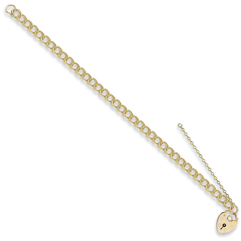 9ct Yellow Gold 5.7mm Double Link Curb & Padlock 7" Charm Bracelet