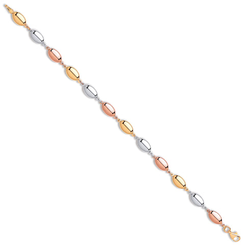 9ct Yellow, White & Rose Gold Oval Bead Ladies 7" Bracelet