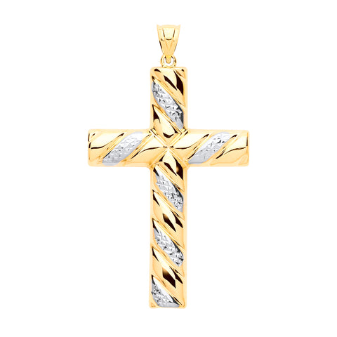 9ct Yellow & White Gold Large Tube Ribbed Cross 46x30mm