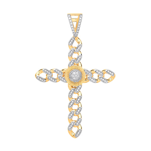 9ct Yellow & White Gold Round Charm Cubic Zirconia Curb Link Cross