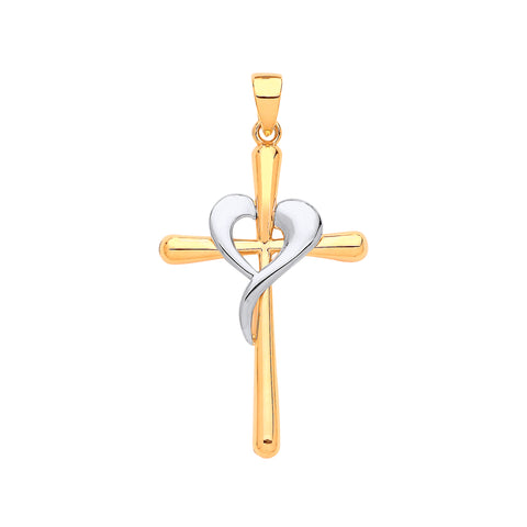 9ct Yellow White Gold Cross Heart Pendant