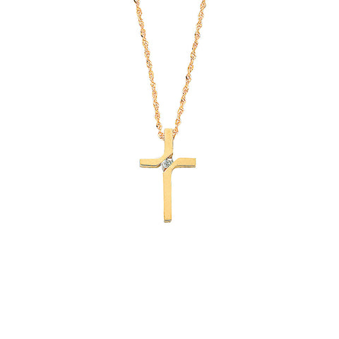 9ct Yellow Gold 0.04ct Diamond Cross Pendant with 18in/45cm Chain