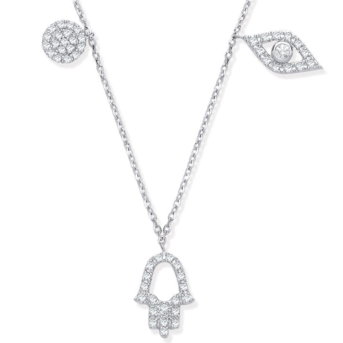 9ct White Gold 0.22ct Diamond Evil Eye, Hamza & Circle Pendant Chain