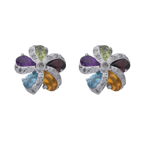 9ct White Gold 0.12ct Diamond & Multi Colour Gems Flower/Cluster Earrings