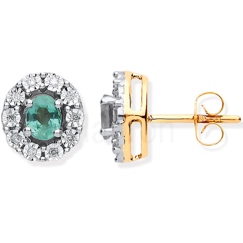 9ct Yellow Gold 0.60ct Emerald and Diamond Halo Oval Stud Earrings