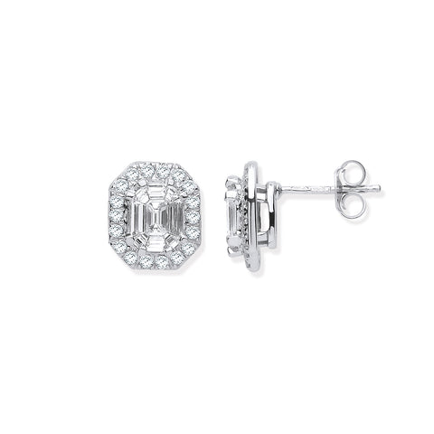 18ct White Gold Round, Baguettes & Emerald Centre 1.40ctw Diamond Stud Earrings