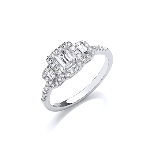 18ct White Gold Emerald Cut H/SI 0.75ct Halo style Trilogy Ring