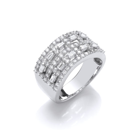 18ct White Gold Baguettes & Rd 1.00ctw Diamond Dress Ring Size N