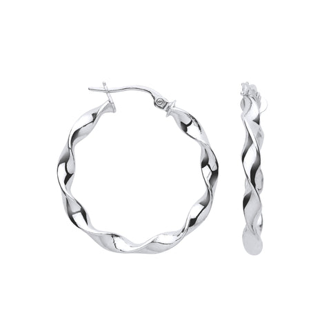 9ct White Gold 25.4mm Twisted Hoop Earrings