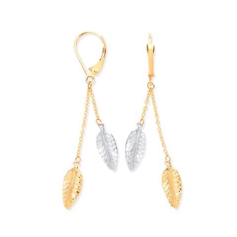 9ct Yellow & White Gold Leaf Drop Earrings