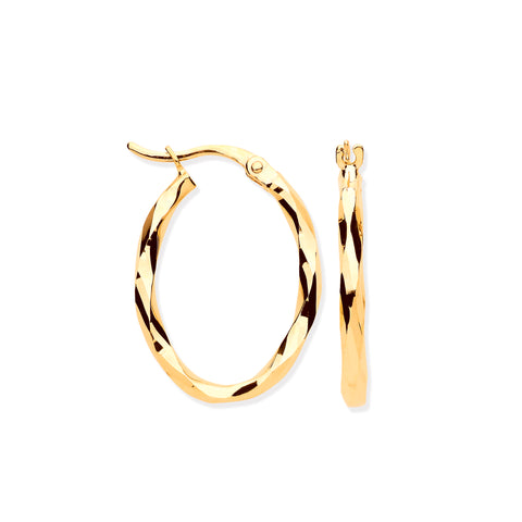 9ct Yellow Gold Faceted OVAL Hoop Earrings