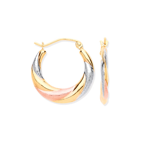 9ct Yellow, White & Rose Gold Twist Hoop Earrings
