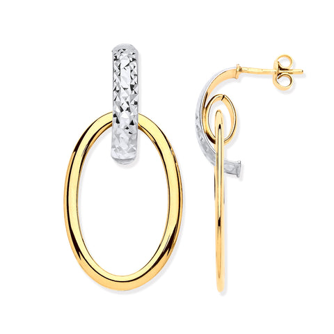 9ct Yellow & White Gold Oval Drop Earrings