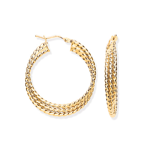 9ct Yellow Gold Large Triple Layer Ribbed Hoop Earrings