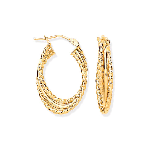 9ct Yellow Gold Triple Layer Ribbed & Plain Oval Hoop Earrings