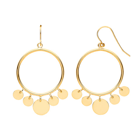 9ct Yellow Gold Round Tube with Circle Disc Dangles, Hook Style Earrings