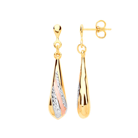 9ct Yellow Gold, Rose Gold Satin Finish, White Gold Ribbed Drop Earrings