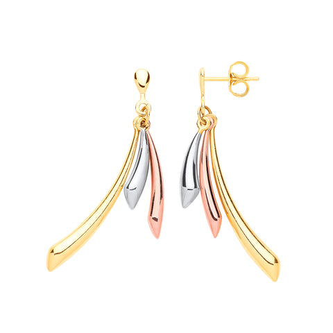 9ct Yellow, White Gold & Rose Gold Horn Hollow Drop Earrings