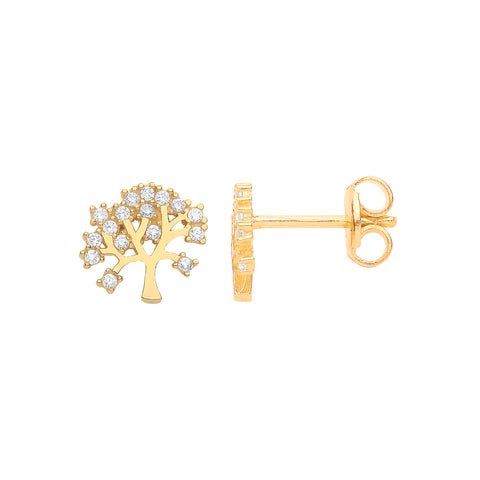 9ct Yellow Gold Tree of Life Stud Cubic Zirconia Earrings
