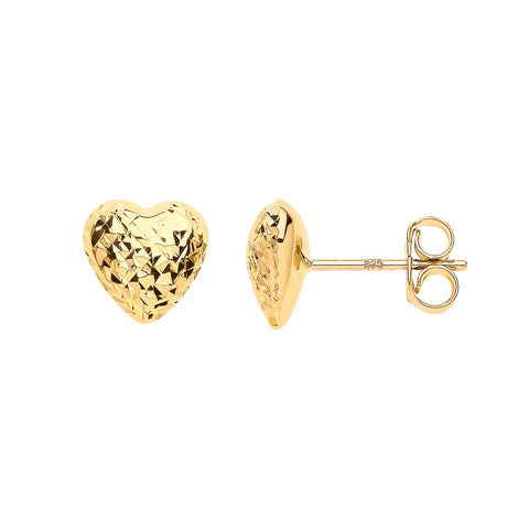9ct Yellow Gold Puffed Diamond Cut Heart Stud Earrings