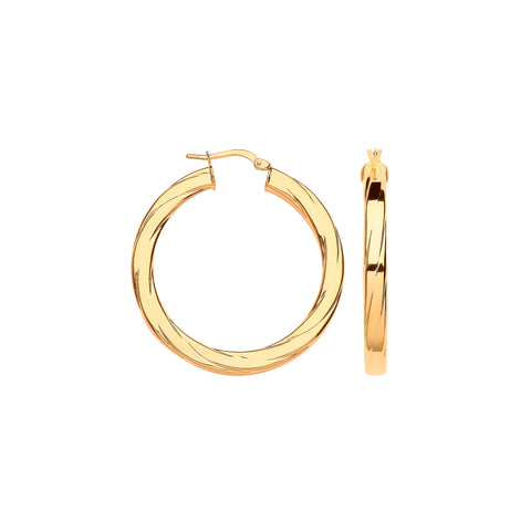 9ct Yellow Gold 38mm Square Tube Ribbed Hoop Earrings