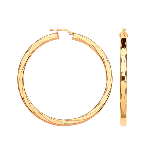 9ct Yellow Gold 60mm Square Tube Ribbed Hoop Earrings