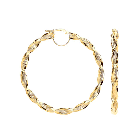 9ct Yellow Gold 50mm Ribbed Twist Hoop Earrings