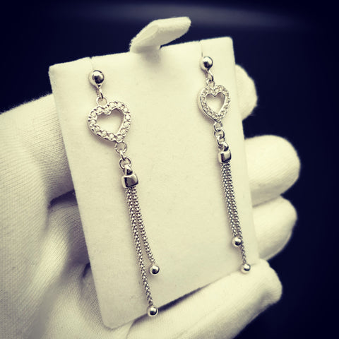 925 Sterling Silver Cz Heart Tassel Drop Earrings