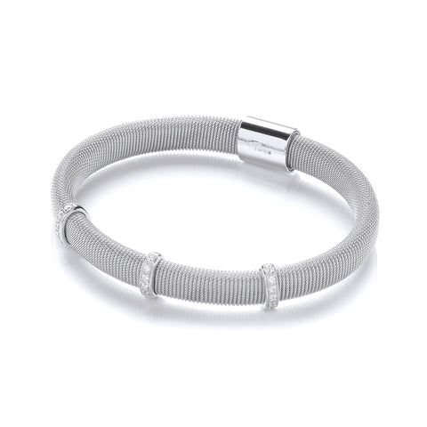 J-JAZ 925 Sterling Silver Magnetic Bangle with Three Rows of Cz's