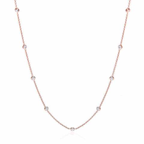 925 Sterling Silver Rose Coated Rubover 11 Cz's Necklace 18"