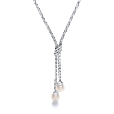 925 Sterling Silver Necklace with 3 Stripes Cz's and 2 Fresh Water Pearls