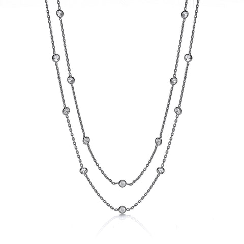 925 Sterling Silver Ruthenium Coated Rubover 23 Cz's Necklace 38"