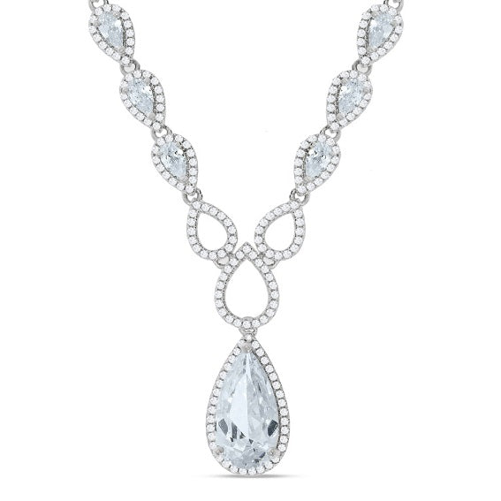 925 Sterling Silver Pear Shaped Drop Set Cz's Necklace 18" J-Jaz
