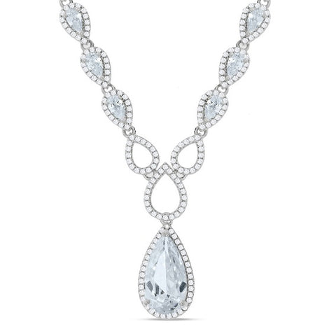 925 Sterling Silver Pear Shaped Drop Set Cz's Necklace 18"