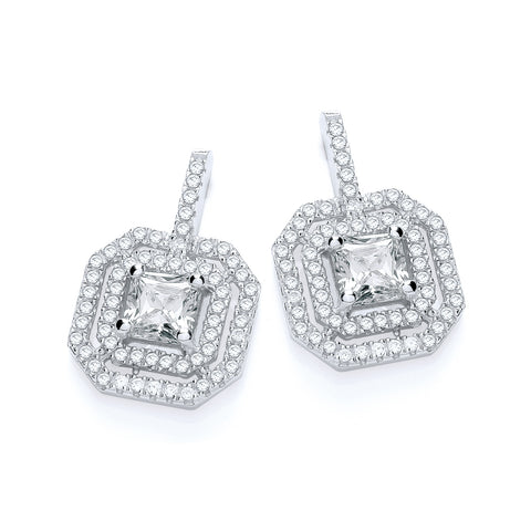 925 Sterling Silver Micro Pave' Fancy Square Drop Earrings