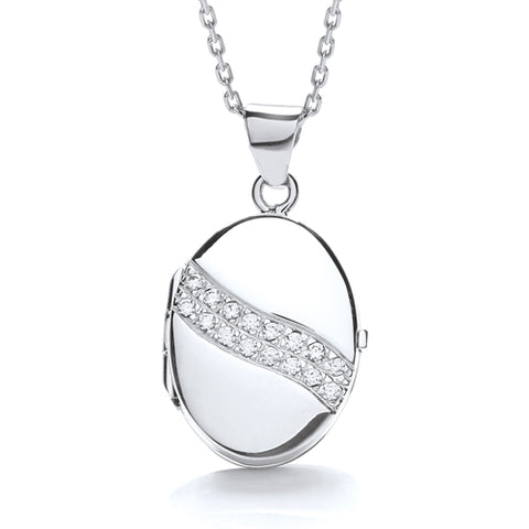 925 Sterling Silver Oval Shape with 2 Row of Cz's Across Locket