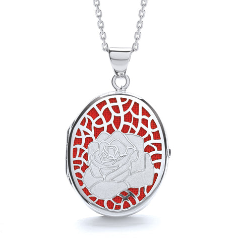 925 Sterling Silver Oval Rose on Red Background Locket