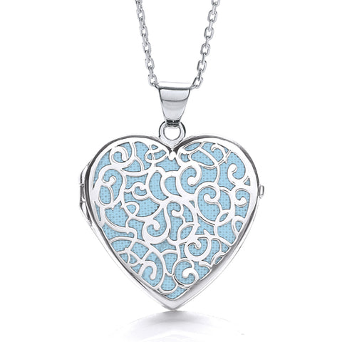 925 Sterling Silver Heart Shape Light Blue Background Fancy Locket