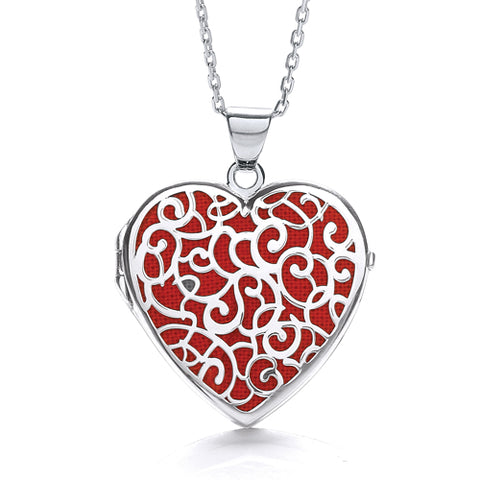 925 Sterling Silver Heart Shape Red Background Fancy Locket