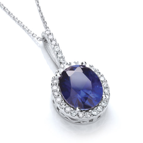 925 Sterling Silver Oval Cluster Deep Blue Cz Pendant with 18" Chain